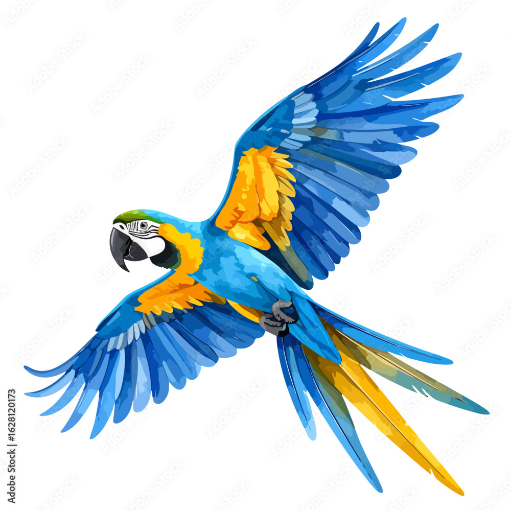 Fototapeta premium Vibrant Blue and Yellow Macaw Parrot in Dynamic Flight Illustration with Detailed Plumage