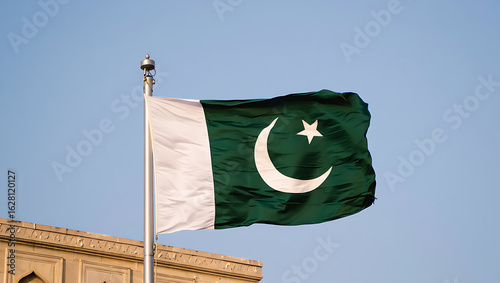 Pakistan national flag hide in beautiful clouds. Pakistan national flag for independence day, 14Th of august happy pakistan independence day. Vector template , Generative Ai	
