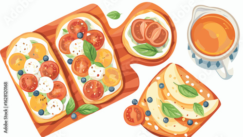 Overhead view of various bruschetta with tomatoes, mozzarella, and basil on wooden boards and a pitcher