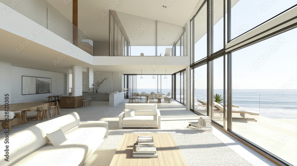 Fototapeta premium Open-plan living space with panoramic ocean views.