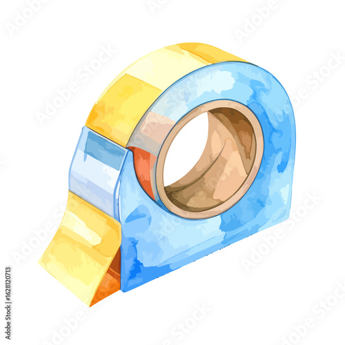 Watercolor Illustration of a Blue and Yellow Tape Dispenser with Tape