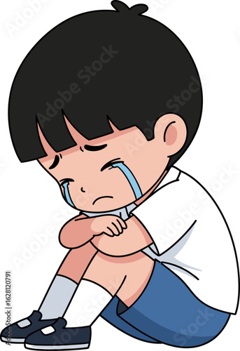 Little boy crying with sadness holding knees tightly wearing school uniform