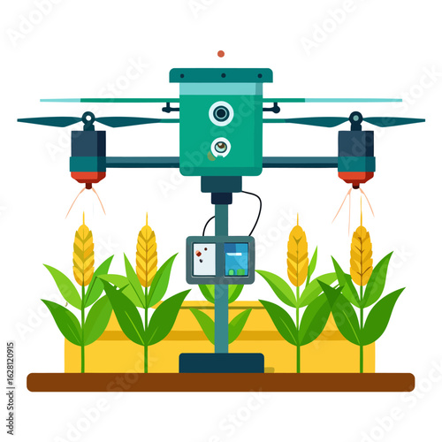 Modern teal agricultural drone with dual sprayers and control panel over a wheat field.