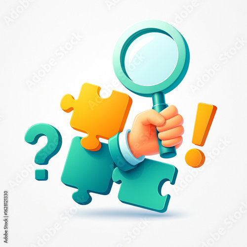 Seeking solutions, find answers with puzzle pieces and magnifying glass, dynamic concept.