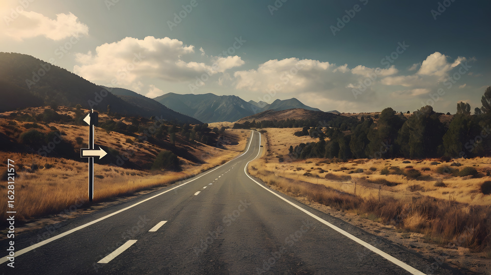 Naklejka premium An empty country road stretching to the mountains with a crossroads sign symbolizing choice, direction, and the journey ahead.
