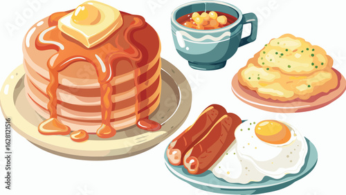 Illustration of a hearty breakfast with pancakes sausages egg and other dishes on plates and in a cup