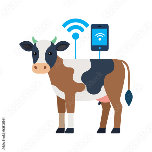 Spotted dairy cow with a smartphone and Wi-Fi antenna illustrating smart farming technology.