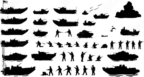 amphibious landing craft and beach assault silhouette vector set