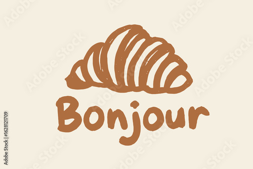 Croissant with Bonjour text naive hand drawn vector illustration
