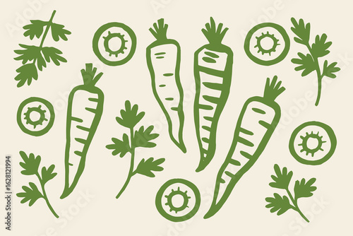 Carrot roots and tops naive hand drawn style vector illustration
