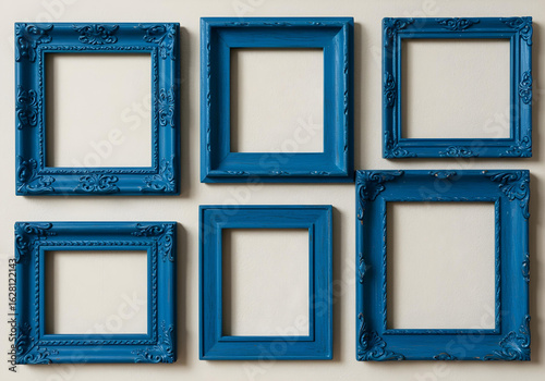 A collection of assorted blue ornate picture frames displayed as vintage wall decor against a transparent background, photographed in a high-resolution studio shot with sharp focus and clarity, bathed