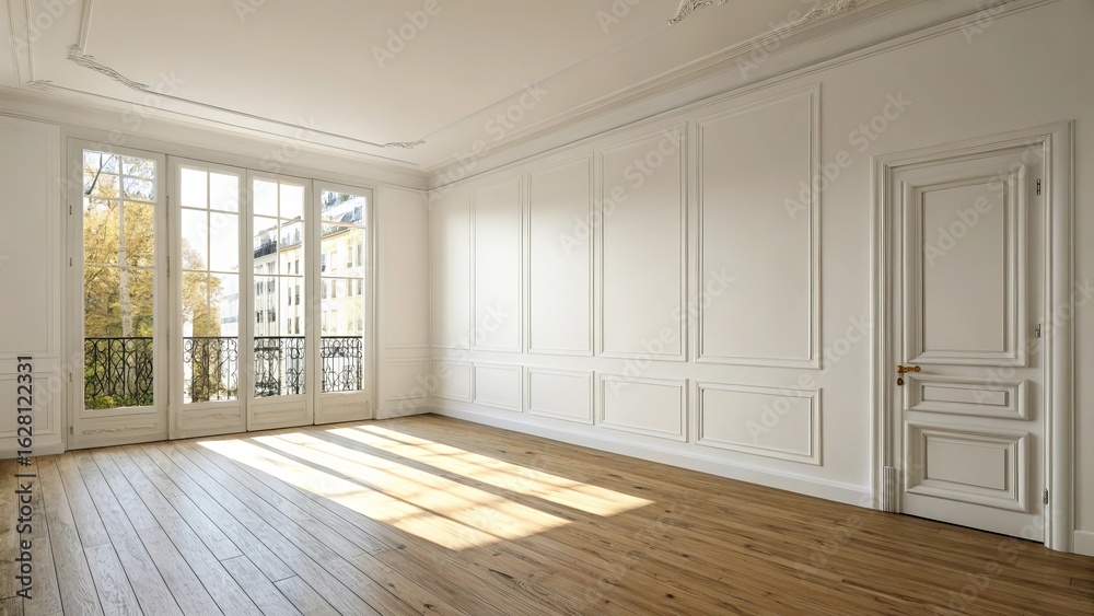 Fototapeta premium Empty bright room with large windows and wooden floor