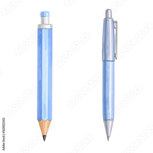 Illustrated set of a light blue pencil and a matching retractable ballpoint pen with silver details.