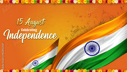 15 August Indian Happy Independence Day Celebration Poster Design Template, illustration of abstract tricolor banner with Indian flag for 15th August Happy Independence, generative ai