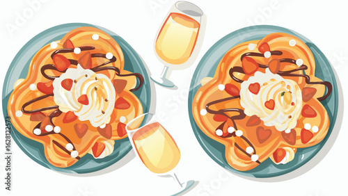 Two plates of waffles with whipped cream and strawberries and two glasses of champagne on a white background
