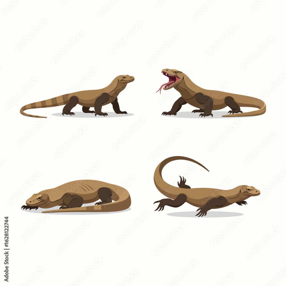 Naklejka premium Komodo Dragons in Various Poses Illustration