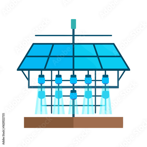 Solar-powered smart irrigation system with multiple sprinklers watering a field.