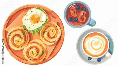 Overhead view of breakfast with pastries egg coffee and fruit soup on a white background flat lay style