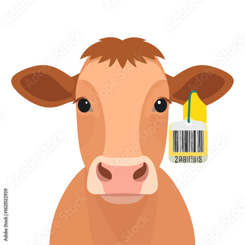 Illustrated brown cow portrait with a yellow barcode ear tag for livestock tracking.
