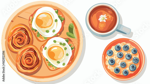 Overhead view of breakfast with pastries eggs tea and oatmeal on a white surface in soft watercolor style