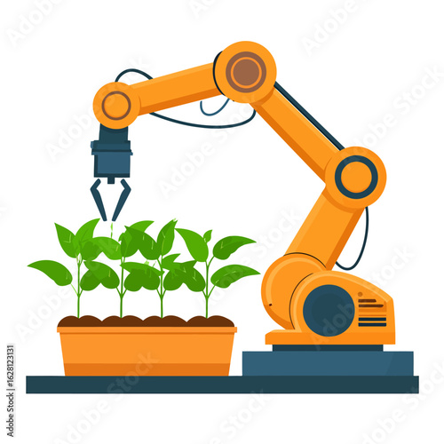 Robotic arm carefully tending to a row of young green plants in a brown planter.
