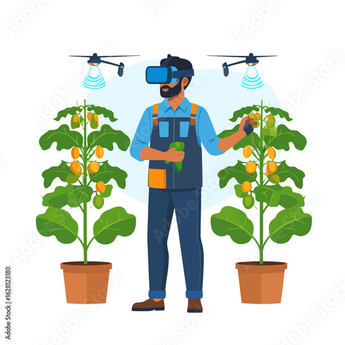 Modern farmer with a VR headset and drones managing smart agriculture and vegetable crops.
