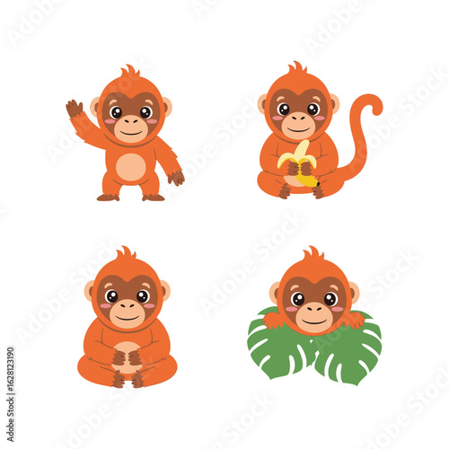 Cute Orangutans in Various Poses with Banana and Leaf