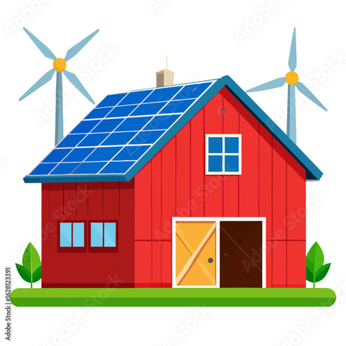 Cartoon Red Barn with Solar Panels and Wind Turbines Illustration