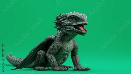 A gray dragon with its mouth open sitting against a green background in a studio setting green screen animal video