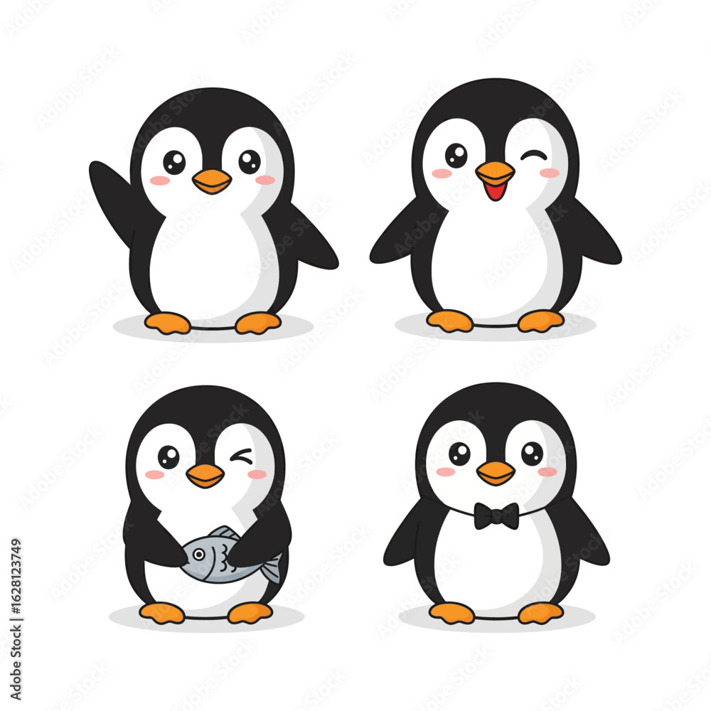 Fototapeta premium Penguin Collection Playful Poses in Flat Illustration Style