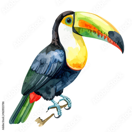 Colorful Watercolor Illustration of a Perched Toucan Bird with Large Beak