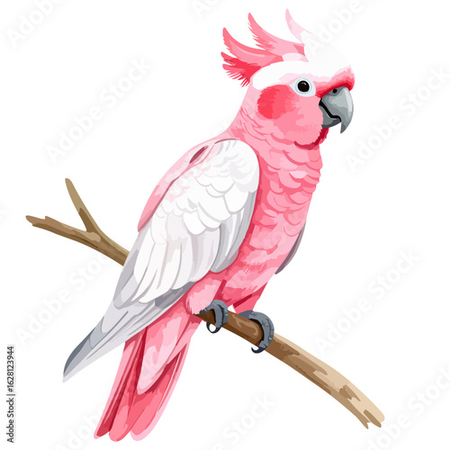 Illustrated pink Galah cockatoo parrot with a white crest and grey wings, perched on a simple brown branch.