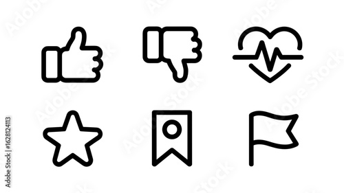 Doodle line art icons of thumbs up, thumbs down, heartbeat, star, bookmark and flag
