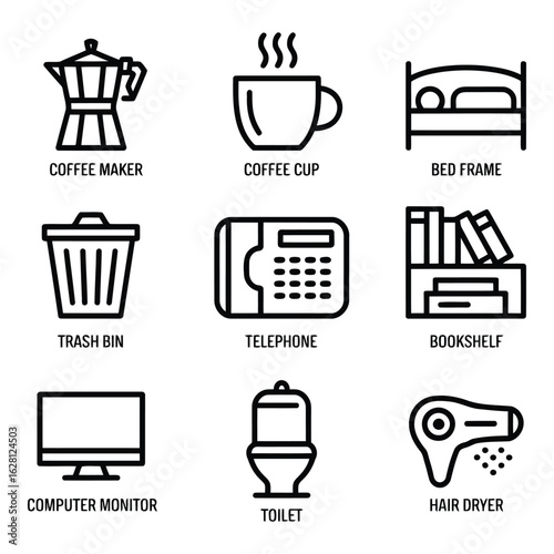 Photo of a collection of modern line art icons representing essential household and office items, including a coffee maker, cup, bed, trash bin, telephone, bookshelf, computer monitor, toilet, and hai