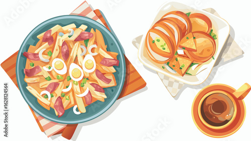 Overhead view of penne pasta with eggs and meat next to bread slices and a cup of coffee on table