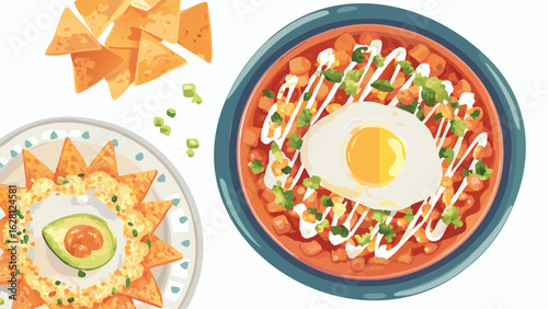 Illustration showing two plates of nachos and a bowl of chilaquiles with a fried egg