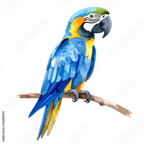 Vibrant illustration of a blue and yellow macaw perched on a branch.