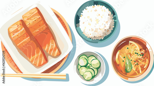 Overhead view of a japanese meal with salmon rice cucumbers and soup in a bright and airy style