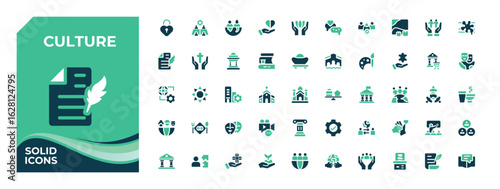 Culture colorful solid icon set. Pictograms of musical, theater, museum, sculpture, historical, painting and more. Set of solid pictogram. Art solid icon set. Vector collections.