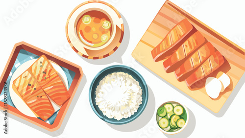 Overhead view of a japanese meal featuring salmon rice soup and sliced cucumbers on a white background