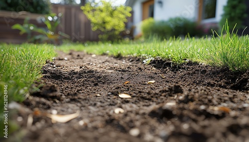 Lawn in distress from grub and chinch larvae, dry brown patches, roots damaged by infestation, landscaping issue in the garden, hyperrealistic, 8K visual clarity