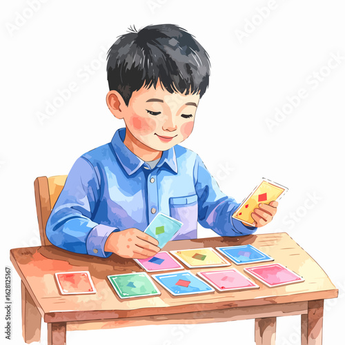 Young Asian boy in a blue shirt playing a colorful card matching game at a wooden desk, smiling with concentration.
