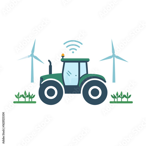 Modern agriculture concept with a connected green tractor, wind turbines, and growing crops.