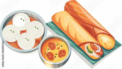 Illustration of idli sambar and dosa on a plate showcasing south indian cuisine and traditional dishes