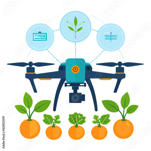 Flat design illustration of a smart farming drone monitoring crops with data analysis icons.