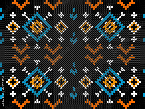 Colorful seamless knitting pattern. Design for capet, wrapping, clothing, knitting, Ikkat, ikat, fabric.
