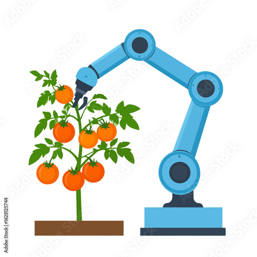 Blue robotic arm with a gripper harvesting ripe orange tomatoes from a lush green plant.