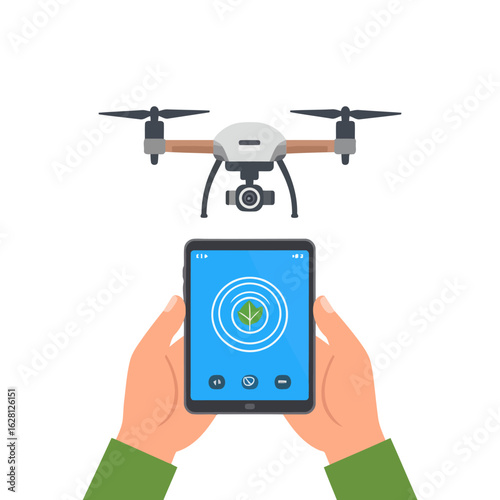 Illustration of a grey drone with brown arms flying above hands holding a tablet displaying a leaf icon.