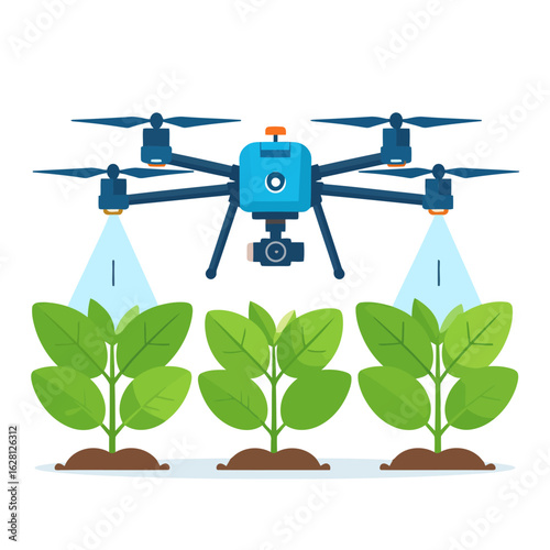 Blue agricultural hexacopter drone with a camera spraying young green plant seedlings.