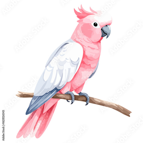 Elegant pink Galah cockatoo with white wings and a prominent crest, perched on a simple brown branch.